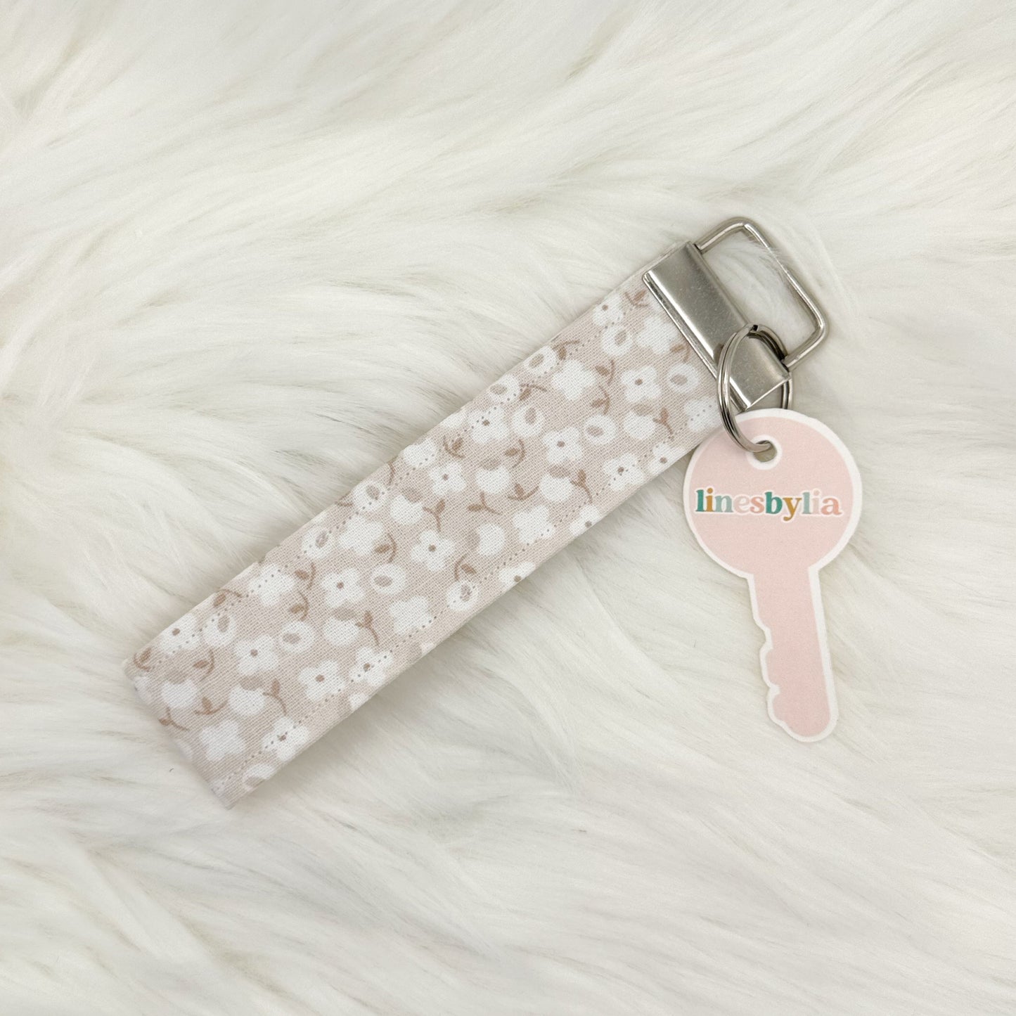 White & Tan Floral Wristlet Keychain