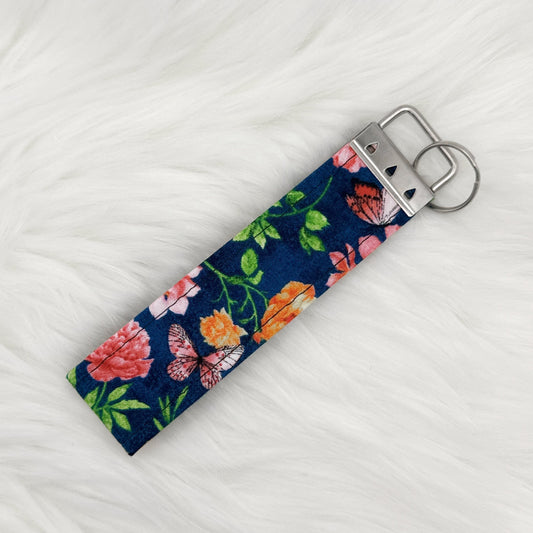 Dark Blue Floral Wristlet Keychain